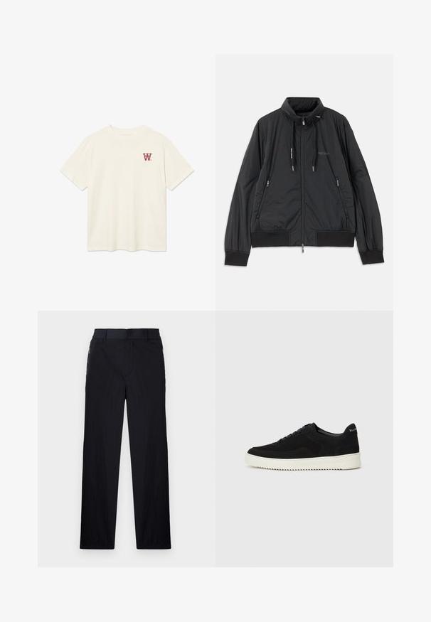 Černá lehká zipová bunda se stojáčkem, bočními kapsami na zip, stahovacími šnůrkami, žebrovanými manžetami a logem Armani Exchange na hrudi.; Krémové tričko s krátkým rukávem a kulatým výstřihem se malým červeným logem "W" na levé straně hrudi.; Černé kalhoty s lehkým, strukturovaným materiálem, rovnými nohavicemi, elastickým pasem a postranními zipovými kapsami.; Černé semišové tenisky s krajkovým designem a kontrastní bílou gumovou podrážkou. Obsahují texturované boční panely a jemné branding na patě.