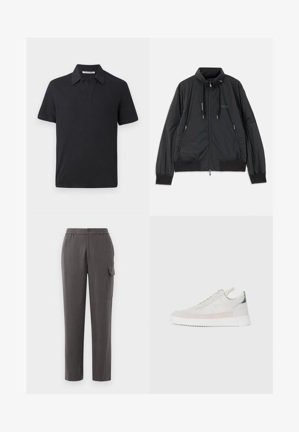 Svart lett zip-up jakke med ståkrage, glidelåslommer på sidene, snorer, ribbestrikkede mansjetter og Armani Exchange-logo på brystet.; Svart poloshirt laget av bomull, med kort krage, korte ermer og en avslappet passform. Enkelt design, uten synlige mønstre eller accenter.; Grå bukser med avslappet passform, laget av et glatt stoff. Har knappelukking, sidelommer og en cargo-lomme på benet.; Hvite lær sneakers med grå semsket skinndetaljer, snøring, bånd for å dra opp, og en teksturert gummisåle med en sikksakk-mønster.