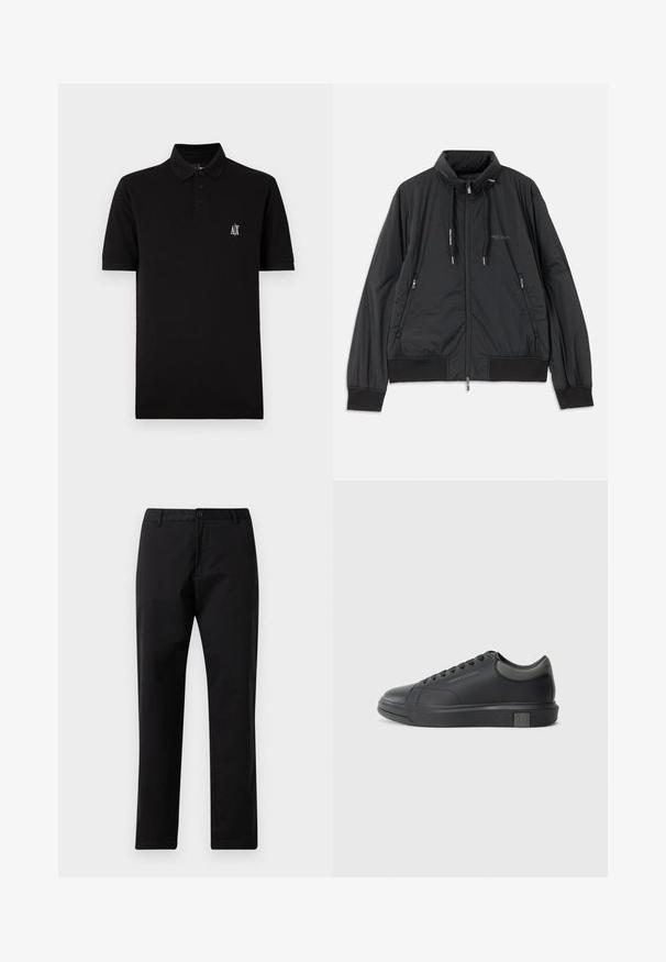 Svart lett zip-up jakke med ståkrage, glidelåslommer på sidene, snorer, ribbestrikkede mansjetter og Armani Exchange-logo på brystet.; Svart polo skjorte laget av mykt stoff, har en knapp- ned krage, korte ermer og en liten hvit logo på venstre bryst.; Svarte rette bukser med knapp- og glidelås-lukking, beltehemper og frontlommer, vist på hvit bakgrunn.; Sorte lærersneakers med en glat finish, rund tå og mørkegrå detaljer. Har snørebånd og en struktureret gummisål.