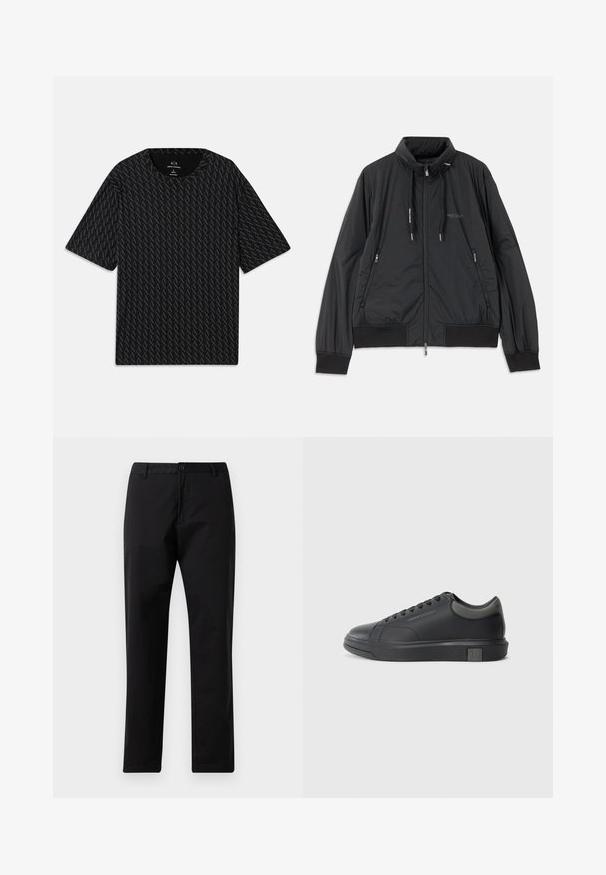 Μαύρο ελαφρύ τζάκετ με φερμουάρ και όρθιο γιακά, με φερμουάρ στις πλαϊνές τσέπες, κορδόνια, ριμπ μανσέτες και λογότυπο Armani Exchange στο στήθος.; Μαύρο t-shirt με υφασμάτινο σχέδιο που εναλλάσσει λογότυπα "A", κοντά μανίκια και στρογγυλή λαιμόκοψη. Κατασκευασμένο από ελαφρύ ύφασμα.; Μαύρο παντελόνι ίσιας γραμμής με κλείσιμο από κουμπί και φερμουάρ, θηλιές ζώνης και εμπρός τσέπες, σε λευκό φόντο.; Μαύρο δερμάτινο αθλητικό παπούτσι με λεία επιφάνεια, στρογγυλή μύτη και σκούρες γκρίζες λεπτομέρειες. Διαθέτει σχέδιο με κορδόνια και υφασμάτινη αντιολισθητική σόλα.