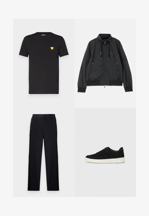 Juodas lengvas zip-up džemperis su stovinčiu apykakle, užtrauktukais šoninėse kišenėse, įveržimais, raibotu rankogaliu ir Armani Exchange logotipu ant krūtinės.; Juodas medvilninis marškinėliai su trumpomis rankovėmis, turintys mažą auksinį Medūzos logotipą ant krūtinės. Apvalaus kaklo dizainas su švelniu tekstūru.; Juodos kelnės, pagamintos iš lengvos tekstūruotos medžiagos, tiesaus silueto, su elastingu juosmeniu ir šoniniais užtrauktukų kišenėmis.; Juodos veliūrinės sportinės bateliai su raištelių dizainu ir kontrastinga balta gumine padais. Yra tekstūruoti šoniniai skydeliai ir subtilus logotipas ant kulno.