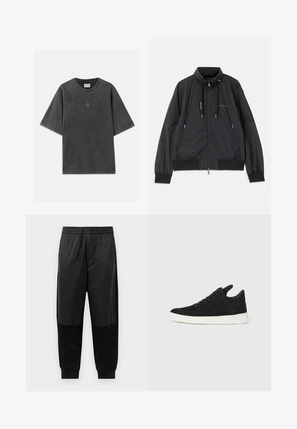 Casaco leve preto com fecho frontal e gola alta, bolsos laterais com fecho, cordões, punhos canelados e logótipo da Armani Exchange no peito.; T-shirt de algodão cinza com um corte folgado, mangas curtas e decote redondo. Apresenta um pequeno logotipo no peito. Textura suave.; Calças de desporto pretas com uma combinação de tecidos lisos e texturizados, cintura elástica com cordão e punhos afunilados.; Sapatilha de camurça preta com sola de borracha branca, apresentando costuras tonais e um design com atacadores. Textura suave com uma forma moderna e simplificada.