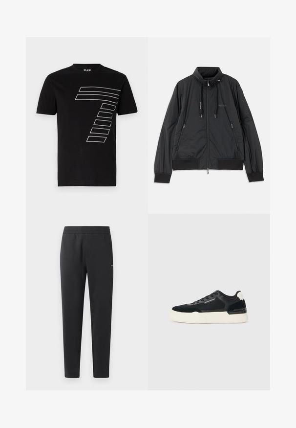 Črn lahek jakna na zadrgo s stojnicnim ovratnikom, zadrgami na strani, vrvicami, rebrastimi manšeti in logotipom Armani Exchange na prsih.; Črna bombažna majica s kratkimi rokavi, ki na sprednji strani vsebuje veliko belo črtasto grafiko v obliki številke 7. Ima okroglo ovratnico.; Črne trenirka hlače iz mehkega blaga, z elastičnim pasom, ravnimi nogami in z enim majhnim logotipom na strani.; Črne superge iz mrežastega materiala in usnja, z debelim belim podplatom in kontrastnimi poudarki. Pertle in detajl logotipa ob strani.