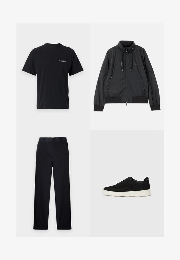 Casaco leve preto com fecho frontal e gola alta, bolsos laterais com fecho, cordões, punhos canelados e logótipo da Armani Exchange no peito.; T-shirt preta em algodão com decote redondo e mangas curtas. Apresenta texto branco "No Problemo" no lado esquerdo do peito.; Calças pretas com um tecido leve e texturizado, design de pernas retas, cintura elástica e bolsos laterais com fecho.; Sapatilhas de camurça pretas com design de atacadores e sola de borracha branca em contraste. Apresenta painéis laterais texturizados e uma marcação discreta no calcanhar.