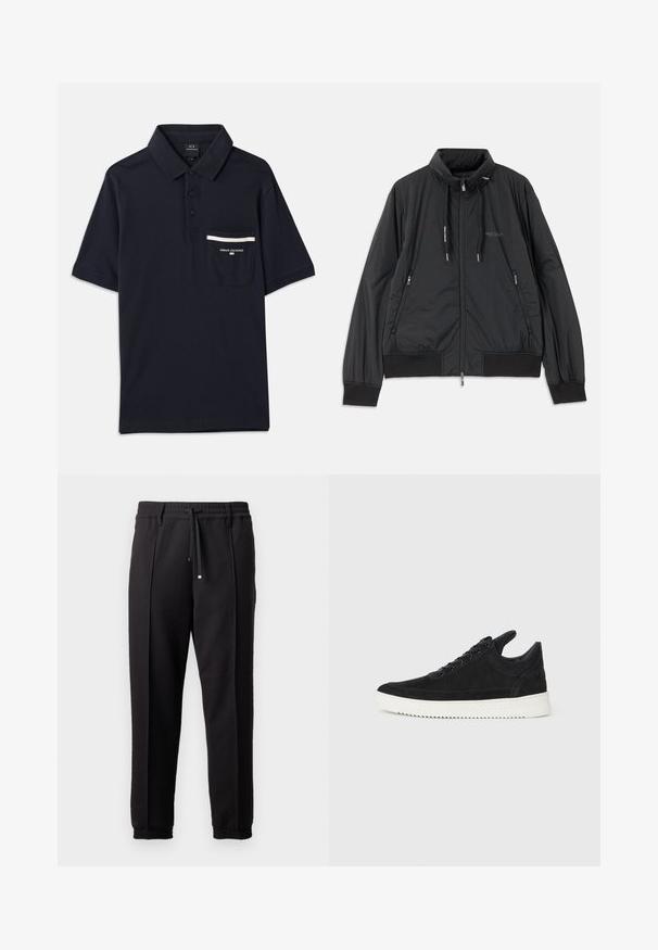 Čierna ľahká zipsová bunda so stojačikom, bočnými zipsovými vreckami, šnúrkami, rebrovanými manžetami a logom Armani Exchange na hrudi.; Námornícky polokošeľa vyrobená z bavlny, so zapínaním na tri gombíky, krátkymi rukávmi a vreckom s bielym prúžkovaním.; Čierne nohavice s pásom, šnúrkou na stiahnutie a elastickými manžetami. Obsahujú pútkové prešitia a hladkú, textúrovanú látku.; čierne semišové tenisky s bielou gumovou podrážkou, s tonálnym prešívaním a šnurovaním. Hladká textúra s moderným, zjednodušeným tvarom.