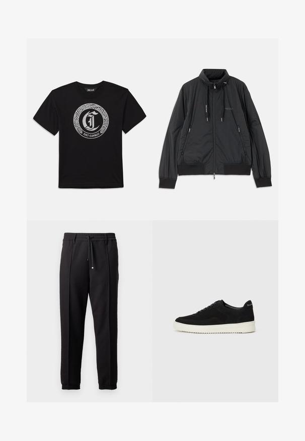 Svart lett zip-up jakke med ståkrage, glidelåslommer på sidene, snorer, ribbestrikkede mansjetter og Armani Exchange-logo på brystet.; Svart T-skjorte med kort erm og et sirkulært sølvfarget slangedesign som omslutter et gotisk bokstav "J" og "Just Cavalli"-teksten nedenfor.; Sorte bukser med liv, snor og elastiske mansjetter. Har plisséer og et glatt, teksturert stoff.; Svart semsket sneakers med snøring og kontrasterende hvit gummisåle. Har teksturerte sidepaneler og subtil merkevare på hælen.
