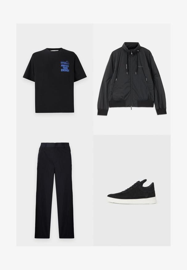 Chaqueta negra ligera con cremallera y cuello alzado, bolsillos laterales con cremallera, cordones, puños de canalé y logo de Armani Exchange en el pecho.; Camiseta de algodón negra de manga corta, con el texto azul "PROTEGE TU ENERGÍA" y un diseño gráfico en la parte superior izquierda.; Pantalones negros con una tela ligera y texturizada, diseño de pierna recta, cinturilla elástica y bolsillos laterales con cremallera.; Zapatilla de ante negra con suela de goma blanca, que presenta costuras en el mismo tono y un diseño de cordones. Textura suave con una forma moderna y aerodinámica.