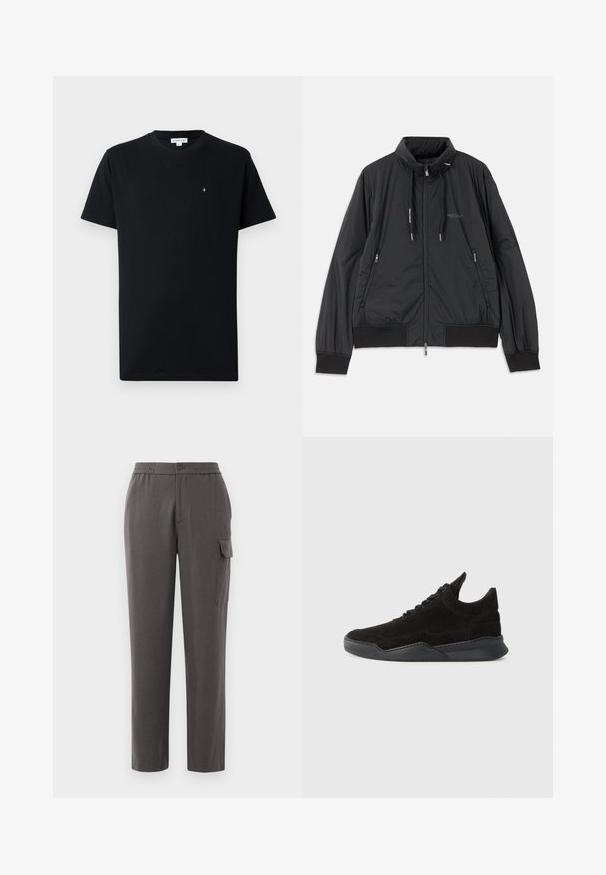 Crna lagana jakna na zip s visokom kragnom, bočnim dzepovima na zip, vezicama, rebrastim manžetama i logom Armani Exchange na prsima.; Crna majica kratkih rukava od pamuka, s okruglim izrezom i malim kružnim logom na prsima. Glatka tekstura.; Sive hlače s ležernim krojem, napravljene od glatkog materijala. Imaju dugmad za zatvaranje, bočne džepove i jedan cargo džep na nozi.; Crni nubuk tenisice s niskim profilom, teksturiranim gornjim dijelom, ravnim vezicama i čvrstim gumeni potplat s blagim đonom i zakrivljenim dizajnom.