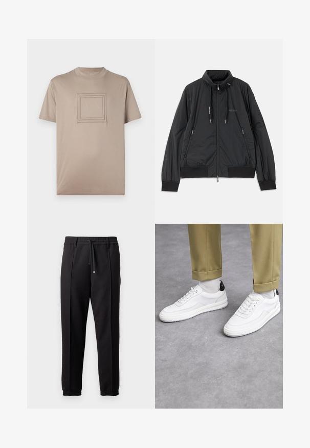 Schwarze, leichte, Reißverschlussjacke mit Stehkragen, Reißverschlusstaschen an den Seiten, Kordelzügen, gerippten Bündchen und Armani Exchange-Logo auf der Brust.; Beige T-Shirt mit kurzen Ärmeln aus glattem Stoff, mit einem quadratischen Logo-Design in der Mitte, das erhabene rechteckige Umrisse zeigt.; Schwarze Hose mit einem Bund, Kordelzug und elastischen Bündchen. Sie verfügt über Plissees und einen glatten, strukturierten Stoff.; Weiße Sneakers mit einer strukturierten Lederoberfläche, abgerundeter Zehenpartie und schwarzem Fersenakzent. Gummisohle mit kleinem Profilmuster und genähten Details.