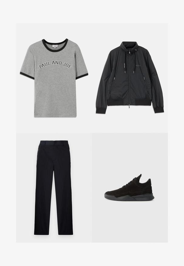 Črn lahek jakna na zadrgo s stojnicnim ovratnikom, zadrgami na strani, vrvicami, rebrastimi manšeti in logotipom Armani Exchange na prsih.; Siva bombažna majica z črnim rebrastim ovratnikom in manšetami, na sprednji strani pa je napisana besedna zveza "PAUL AND JOE" v belih črkah, ki so ukrivljene.; Črne hlače iz lahke, teksturirane tkanine, ravne noge, elastičen pas in stranski žepki na zadrgo.; Črne semiške superge z nizkim profilom, teksturiranim zgornjim delom, ravnimi vezalkami in trdnim gumijastim podplatom, ki ima rahlo peto in ukrivljen dizajn.