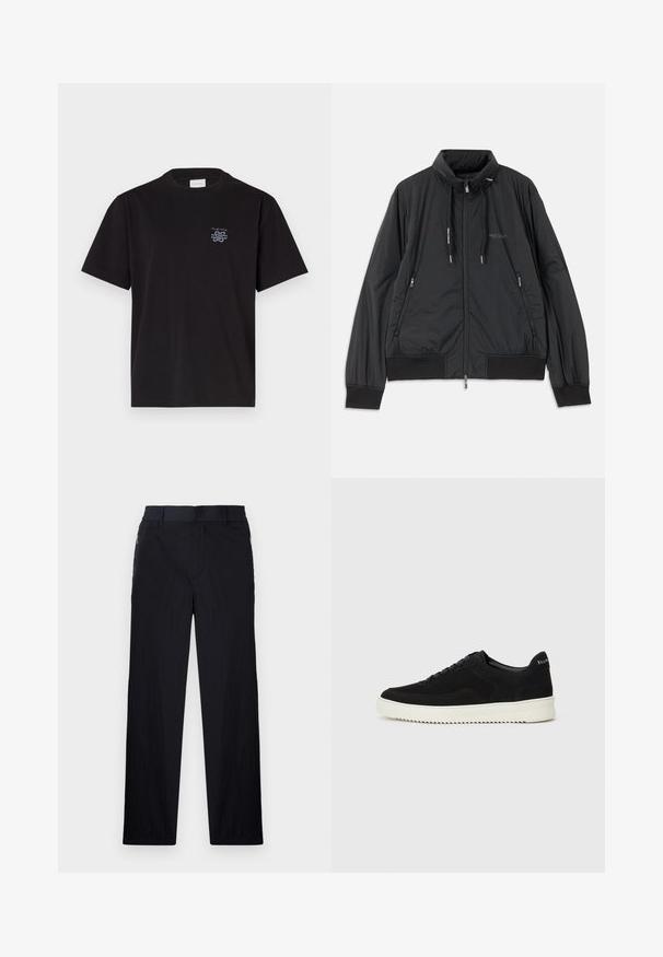 Casaco leve preto com fecho frontal e gola alta, bolsos laterais com fecho, cordões, punhos canelados e logótipo da Armani Exchange no peito.; T-shirt de algodão preto com gola redonda e mangas curtas. Apresenta um pequeno logotipo azul no lado esquerdo do peito. Design simples e reto.; Calças pretas com um tecido leve e texturizado, design de pernas retas, cintura elástica e bolsos laterais com fecho.; Sapatilhas de camurça pretas com design de atacadores e sola de borracha branca em contraste. Apresenta painéis laterais texturizados e uma marcação discreta no calcanhar.