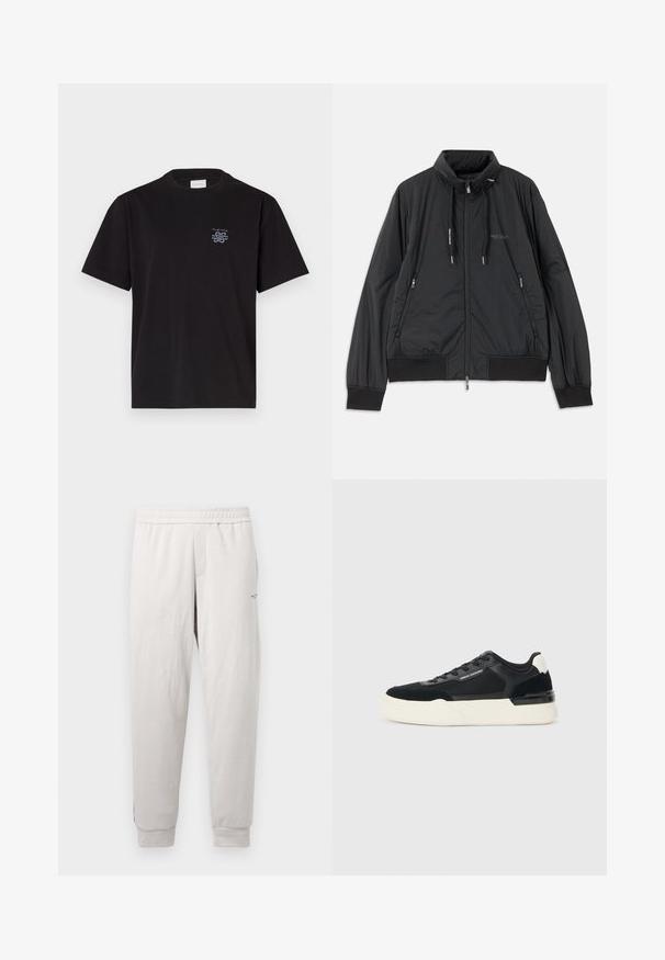 Casaco leve preto com fecho frontal e gola alta, bolsos laterais com fecho, cordões, punhos canelados e logótipo da Armani Exchange no peito.; T-shirt de algodão preto com gola redonda e mangas curtas. Apresenta um pequeno logotipo azul no lado esquerdo do peito. Design simples e reto.; Calças de moletão cinza claro com uma cintura elástica, bolsos laterais, punhos canelados e uma marcação subtil na perna, feitas de um tecido suave.; Sapata preta feita de malha e couro, apresentando uma sola branca grossa e detalhes contrastantes. Cadarços e detalhe do logótipo na lateral.