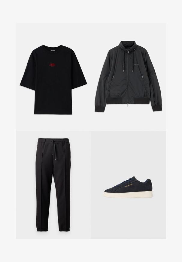 Svart lett zip-up jakke med ståkrage, glidelåslommer på sidene, snorer, ribbestrikkede mansjetter og Armani Exchange-logo på brystet.; Svart bomulls T-skjorte med korte ermer og rund hals. Har et rødt "SNAKE CHARMER" grafikk på brystet.; Sorte bukser med liv, snor og elastiske mansjetter. Har plisséer og et glatt, teksturert stoff.; Marineblå ankelhøyde sneakers i semsket skinn med hvit såle, marineblå snøringer, og "Filling Pieces"-logo i gull på siden.