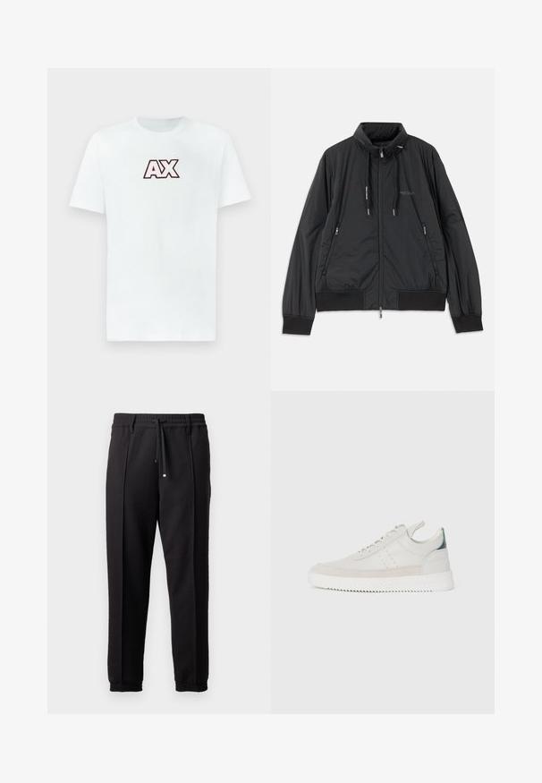 Černá lehká zipová bunda se stojáčkem, bočními kapsami na zip, stahovacími šnůrkami, žebrovanými manžetami a logem Armani Exchange na hrudi.; Bílý krátký rukáv crewneck tričko s výrazným logem "AX" v červené a černé barvě umístěným na hrudi proti jednoduchému pozadí.; Černé kalhoty s páskem, šňůrkou na stažení a elastickými manžetami. Obsahují sklady a hladkou, strukturovanou látku.; Bílé kožené tenisky s šedými semišovými akcenty, šněrovací design, poutko a texturovaná gumová podrážka s cik-cak vzorem.