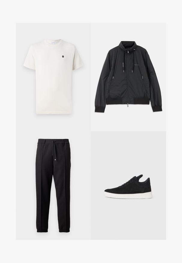 Čierna ľahká zipsová bunda so stojačikom, bočnými zipsovými vreckami, šnúrkami, rebrovanými manžetami a logom Armani Exchange na hrudi.; Krémové bavlnené tričko s krátkymi rukávmi, okrúhlym výstrihom a malým čiernym hexagonálnym logom na ľavej strane hrude. Hladká textura.; Čierne nohavice s pásom, šnúrkou na stiahnutie a elastickými manžetami. Obsahujú pútkové prešitia a hladkú, textúrovanú látku.; čierne semišové tenisky s bielou gumovou podrážkou, s tonálnym prešívaním a šnurovaním. Hladká textúra s moderným, zjednodušeným tvarom.