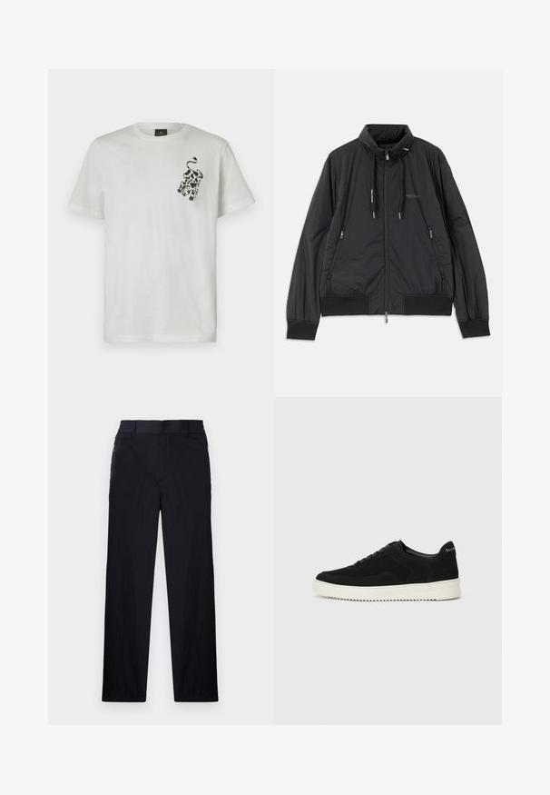 Svart lett zip-up jakke med ståkrage, glidelåslommer på sidene, snorer, ribbestrikkede mansjetter og Armani Exchange-logo på brystet.; Hvit T-skjorte laget av bomull med rund hals og korte ermer. Har et svart kunstverk design på venstre brystområde.; Sorte bukser med lett og teksturert stoff, rett ben-design, elastisk midjebånd og sidelommer med glidelås.; Svart semsket sneakers med snøring og kontrasterende hvit gummisåle. Har teksturerte sidepaneler og subtil merkevare på hælen.