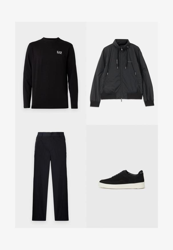 Črn lahek jakna na zadrgo s stojnicnim ovratnikom, zadrgami na strani, vrvicami, rebrastimi manšeti in logotipom Armani Exchange na prsih.; Črna majica z dolgimi rokavi, narejena iz mehkega blaga. Ima majhen bel logo na levem prsnem predelu. Enostaven, okrogel ovratnik in ravno krojenje.; Črne hlače iz lahke, teksturirane tkanine, ravne noge, elastičen pas in stranski žepki na zadrgo.; Črni semiš teniški copati z vezalkami in kontrastnim belim gumijastim podplatom. Imajo teksturirane stranske panele in subtilno oznako na peti.