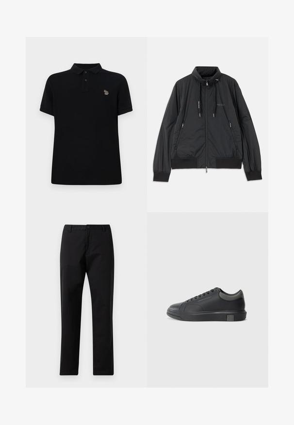 Črn lahek jakna na zadrgo s stojnicnim ovratnikom, zadrgami na strani, vrvicami, rebrastimi manšeti in logotipom Armani Exchange na prsih.; Črna polo majica iz bombaža. Ima klasičen ovratnik, plakat s tremi gumbi, kratke Rokave in majhen večbarven vezen logotip.; Črne trdne hlače z ravnimi nogami, z gumbom in zadrgo, z luknjami za pas in sprednjimi žepi, prikazane na belem ozadju.; Črne usnjene teniske s gladko površino, zaobljenim prstom in temno sivo akcenti. Imajo sistem vezanja in teksturiran gumijast podplat.