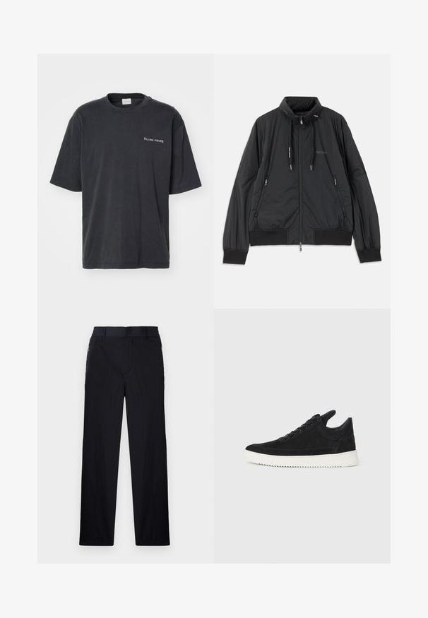 Casaco leve preto com fecho frontal e gola alta, bolsos laterais com fecho, cordões, punhos canelados e logótipo da Armani Exchange no peito.; T-shirt de algodão cinza escuro com decote redondo e mangas curtas. Apresenta o texto "FILLING PIECES" bordado em branco na área do lado esquerdo do peito.; Calças pretas com um tecido leve e texturizado, design de pernas retas, cintura elástica e bolsos laterais com fecho.; Sapatilha de camurça preta com sola de borracha branca, apresentando costuras tonais e um design com atacadores. Textura suave com uma forma moderna e simplificada.