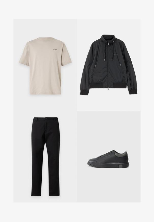 Svart lättvikts zip-jacka med ståkrage, dragkedjefickor i sidan, dragsko, ribbade ärmmuddar och Armani Exchange-logotyp på bröstet.; Beige bomulls-T-shirt med kort ärm och rund halsringning. Har en liten broderad "CLOSED"-logotyp på övre vänstra bröstet.; Svarta rakbeniga byxor med knapp- och dragkedjestängning, bältesöljar och framfickor, visade på vit bakgrund.; Svart lädersneaker med slät yta, rund tå och mörkgrå accenter. Har snörningsdesign och texturerad gummisula.