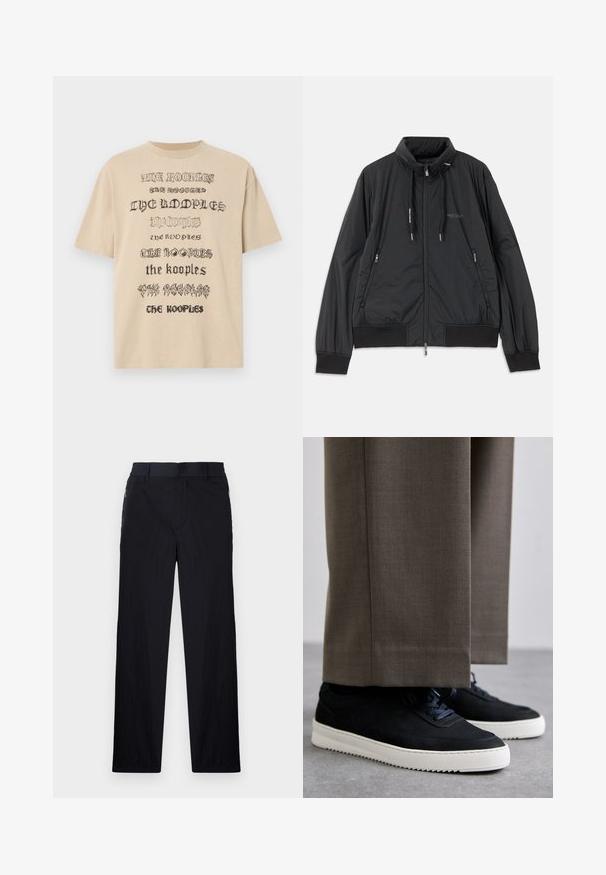 Juodas lengvas zip-up džemperis su stovinčiu apykakle, užtrauktukais šoninėse kišenėse, įveržimais, raibotu rankogaliu ir Armani Exchange logotipu ant krūtinės.; Bežinis per didelis marškinėlis su juoda pakartotinių tekstų grafika, kuri skiriasi šrifto stiliais. Pagamintas iš minkštos medvilnės audinio.; Juodos kelnės, pagamintos iš lengvos tekstūruotos medžiagos, tiesaus silueto, su elastingu juosmeniu ir šoniniais užtrauktukų kišenėmis.; Juodi zomšiniai sportbačiai su baltais guminiais padais, su apvalia nosimi ir raišteliais, dėvimi su pilkais pritaikytais kelnais.