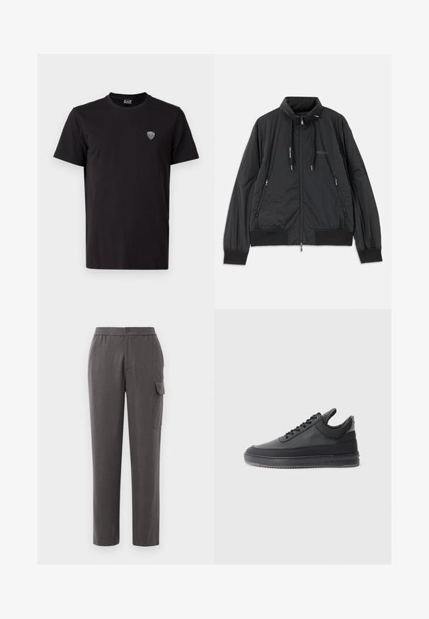Casaco leve preto com fecho frontal e gola alta, bolsos laterais com fecho, cordões, punhos canelados e logótipo da Armani Exchange no peito.; T-shirt preta de manga curta feita em tecido suave, com um logótipo bordado discreto no lado esquerdo do peito e um decote redondo clássico.; Calças cinzas com um ajuste descontraído, feitas de um tecido suave. Apresentam um fecho de botão, bolsos laterais e um bolso de carga na perna.; Sapatilhas de couro preto com uma superfície texturizada, design de atacadores, cano baixo, e uma sola de borracha cinza com uma borda estriada.