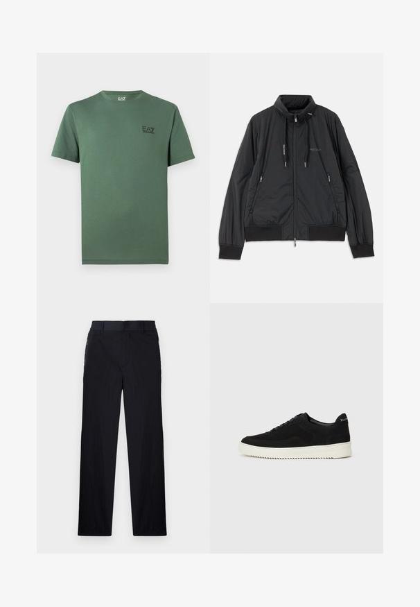 Svart lättvikts zip-jacka med ståkrage, dragkedjefickor i sidan, dragsko, ribbade ärmmuddar och Armani Exchange-logotyp på bröstet.; Grön bomulls t-shirt med rund halsringning och korta ärmar, med en liten svart logotyp på vänster bröst. Mjuk textur, avslappnad passform.; Svarta byxor med lätt, texturerad tyg, rak benmodell, elastisk midja och sidofickor med dragkedja.; Svarta mockaskor med snörningsdesign och kontrasterande vita gummisulor. Har texturerade sidopaneler och diskret branding på hälen.