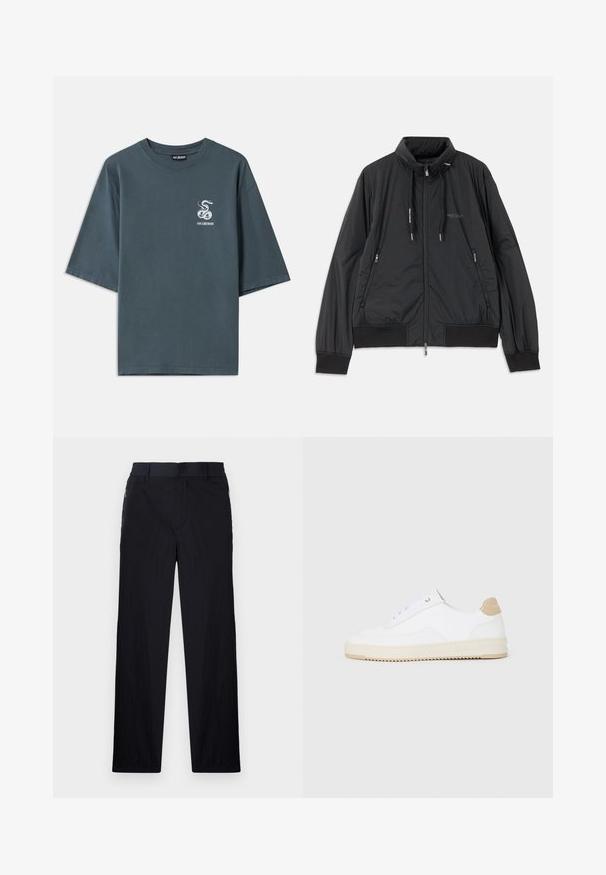 Svart lett zip-up jakke med ståkrage, glidelåslommer på sidene, snorer, ribbestrikkede mansjetter og Armani Exchange-logo på brystet.; Grå bomull t-skjorte med korte ermer, med et lite hvitt slangegrafikk på venstre side og en avslappet passform, glatt tekstur.; Sorte bukser med lett og teksturert stoff, rett ben-design, elastisk midjebånd og sidelommer med glidelås.; Hvite lave sneakers med overdel i teksturert skinn, kremfarget såle med ribber og en brunt fargeklatt på hælen. Har hvite lisser og logodetalj på hælen.