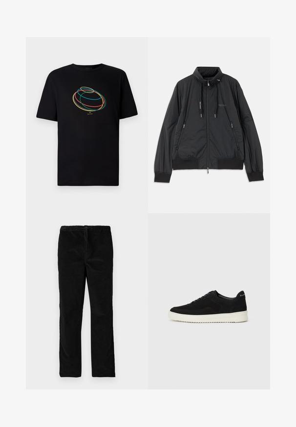 Black lightweight zip-up jacket with stand collar, zippered side pockets, drawstrings, ribbed cuffs, and Armani Exchange logo on chest.; Black t-shirt with short sleeves featuring an abstract design of colored loops in blue, green, yellow, and red on the front.; Black straight-leg velvet pants with elastic waistband and front drawstring, displayed against a plain white background.; Black suede sneaker with lace-up design and contrasting white rubber sole. Features textured side panels and subtle branding on the heel.