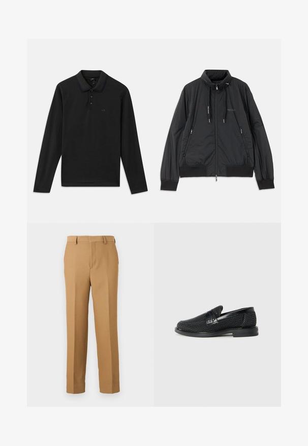 Svart lett zip-up jakke med ståkrage, glidelåslommer på sidene, snorer, ribbestrikkede mansjetter og Armani Exchange-logo på brystet.; Svart langermet polo skjorte med ribbestrikket krage, som har en knappestolpe med tre knapper og en subtil logo på brystet. Mykt bomullsmateriale.; Beige dressbukser laget avvevd stoff, med rett snitt, flat front og beltehemper. Glatt tekstur uten synlige mønstre.; Sorte vevde slip-on sko med en glatt lærdetalj på overdelen, design med rund tå og en lavprofil gummisåle.