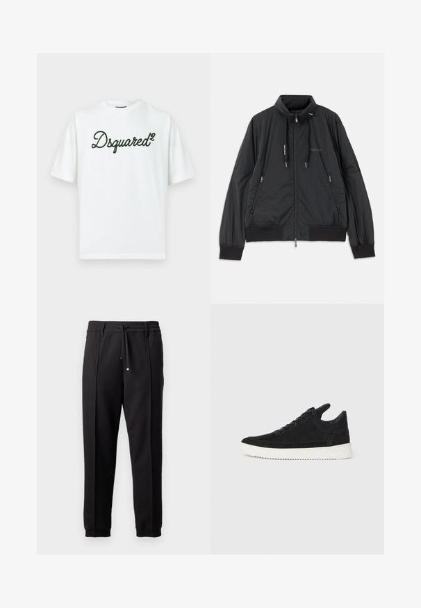 Casaco leve preto com fecho frontal e gola alta, bolsos laterais com fecho, cordões, punhos canelados e logótipo da Armani Exchange no peito.; T-shirt branca de algodão com mangas curtas com um logótipo preto bordado "Dsquared²" na frente em fonte cursiva.; Calças pretas com uma cinta na cintura, cordão ajustável e punhos elásticos. Apresenta pregas e um tecido liso e texturizado.; Sapatilha de camurça preta com sola de borracha branca, apresentando costuras tonais e um design com atacadores. Textura suave com uma forma moderna e simplificada.