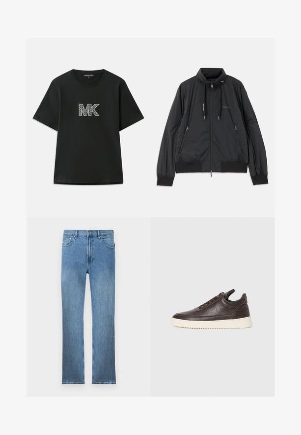 Svart lett zip-up jakke med ståkrage, glidelåslommer på sidene, snorer, ribbestrikkede mansjetter og Armani Exchange-logo på brystet.; Svart bomull t-skjorte med korte ermer som har en geometrisk "MK" logo i hvitt og grått. Rund hals og avslappet passform.; Lyseblå denimjeans med rett snitt, fem lommer, glidelås og kontraststing. Stoffet har en glatt, strukturert overflate.; Mørkebrun strukturert lær sneakers med snøring foran og hvit, rillet gummisåle på en enkel lys bakgrunn.