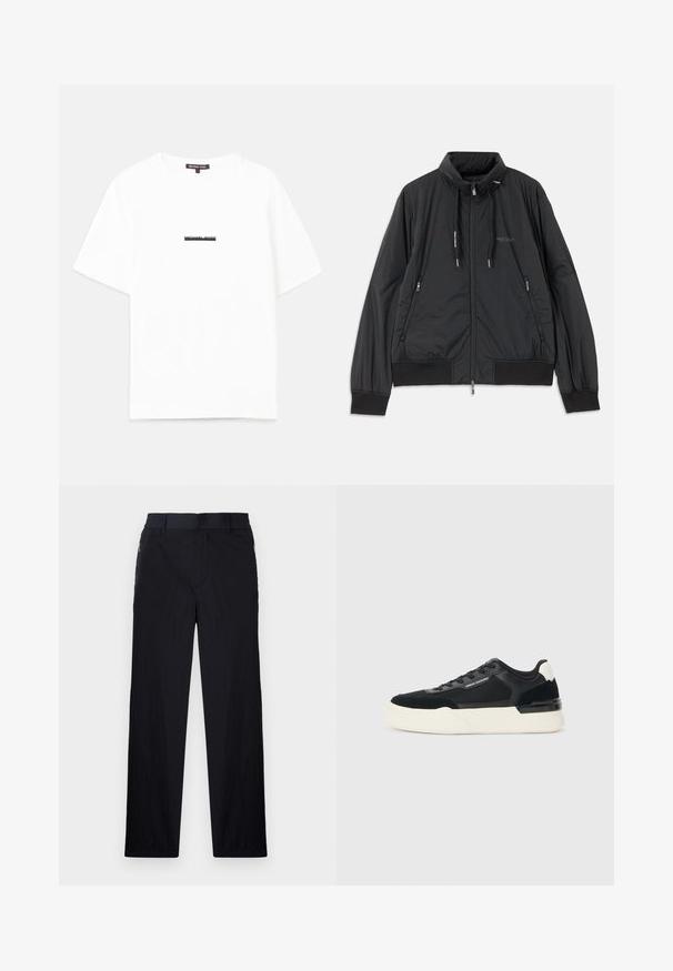 Juodas lengvas zip-up džemperis su stovinčiu apykakle, užtrauktukais šoninėse kišenėse, įveržimais, raibotu rankogaliu ir Armani Exchange logotipu ant krūtinės.; Balta medvilnė marškinėliai su laisvu kirpimu, trumpomis rankovėmis, ant kurių centre yra juodas "MICHAEL KORS" logotipas.; Juodos kelnės, pagamintos iš lengvos tekstūruotos medžiagos, tiesaus silueto, su elastingu juosmeniu ir šoniniais užtrauktukų kišenėmis.; Juodos sportinės bateliai, pagaminti iš tinklinės medžiagos ir odos, su storu baltu padu ir kontrastingais akcentais. Raišteliai ir logotipo detalės šone.
