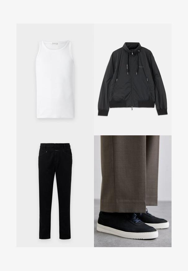 Crna lagana jakna na zip s visokom kragnom, bočnim dzepovima na zip, vezicama, rebrastim manžetama i logom Armani Exchange na prsima.; Bijela majica bez rukava, izrađena od rebrastog pamučnog materijala, s okruglim izrezom i glatkom teksturom, bez vidljivih uzoraka.; Crne traperice s ravnim nogavicama, s kopčanjem na gumb, pet džepova i glatkom teksturom.; Crne nubuk tenisice s bijelim gumenim potplatima, s zaobljenim vrhom i vezicama, uparene s sivim krojenim hlačama.