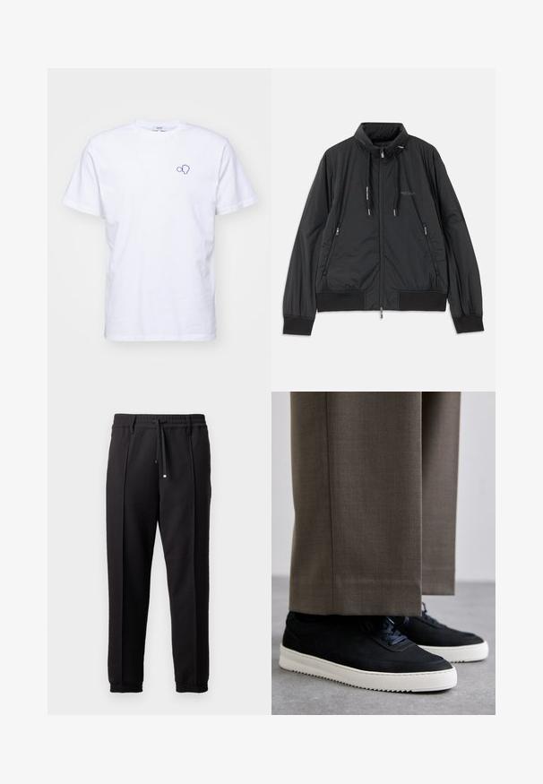 Svart lett zip-up jakke med ståkrage, glidelåslommer på sidene, snorer, ribbestrikkede mansjetter og Armani Exchange-logo på brystet.; Hvit bomull t-skjorte med en blå brodert design på venstre bryst. Korte ermer og rund hals med standard passform.; Sorte bukser med liv, snor og elastiske mansjetter. Har plisséer og et glatt, teksturert stoff.; Svarte suedeglans sneakers med hvite gummisåler, med rund tå og lisser, iført grå skreddersydde bukser.