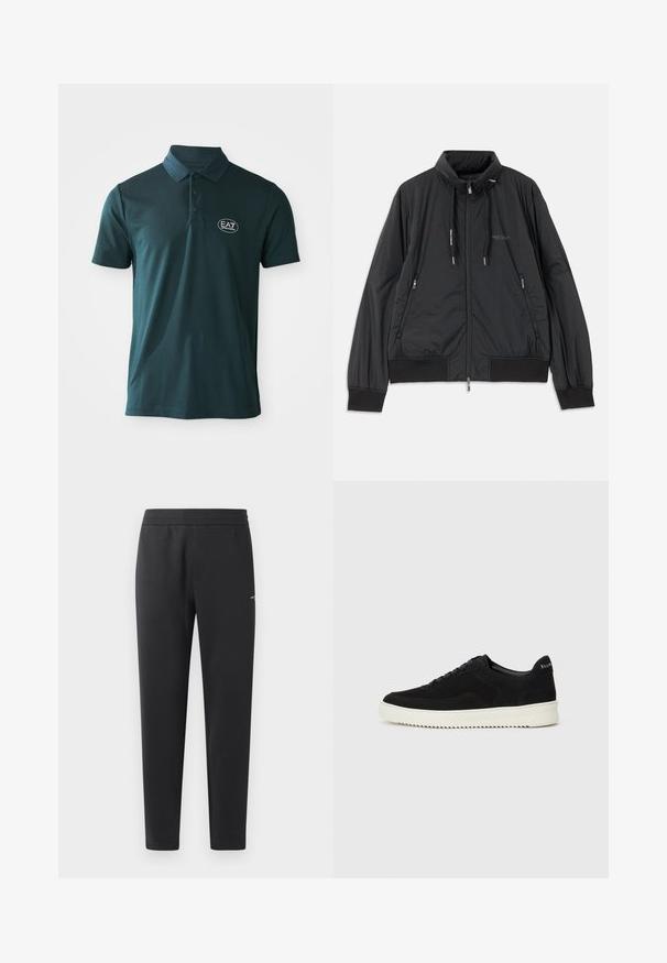 Casaco leve preto com fecho frontal e gola alta, bolsos laterais com fecho, cordões, punhos canelados e logótipo da Armani Exchange no peito.; Camisa polo de manga curta em verde azulado escuro com botões e um logo branco EA7 Emporio Armani no lado esquerdo do peito, contra um fundo branco.; Calças de treino pretas feitas de tecido suave, com um cós elástico, pernas retas e um pequeno detalhe de logotipo de um lado.; Sapatilhas de camurça pretas com design de atacadores e sola de borracha branca em contraste. Apresenta painéis laterais texturizados e uma marcação discreta no calcanhar.