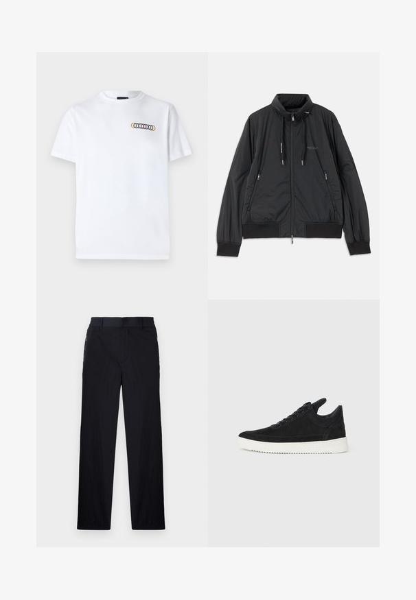 Black lightweight zip-up jacket with stand collar, zippered side pockets, drawstrings, ribbed cuffs, and Armani Exchange logo on chest.; White cotton t-shirt featuring a round neckline, short sleeves, and a multicolored circular pattern embroidered on the chest.; Black trousers featuring a lightweight, textured fabric, straight-leg design, elastic waistband, and side zip pockets.; Black suede sneaker with a white rubber sole, featuring tonal stitching and lace-up design. Smooth texture with a modern, streamlined shape.