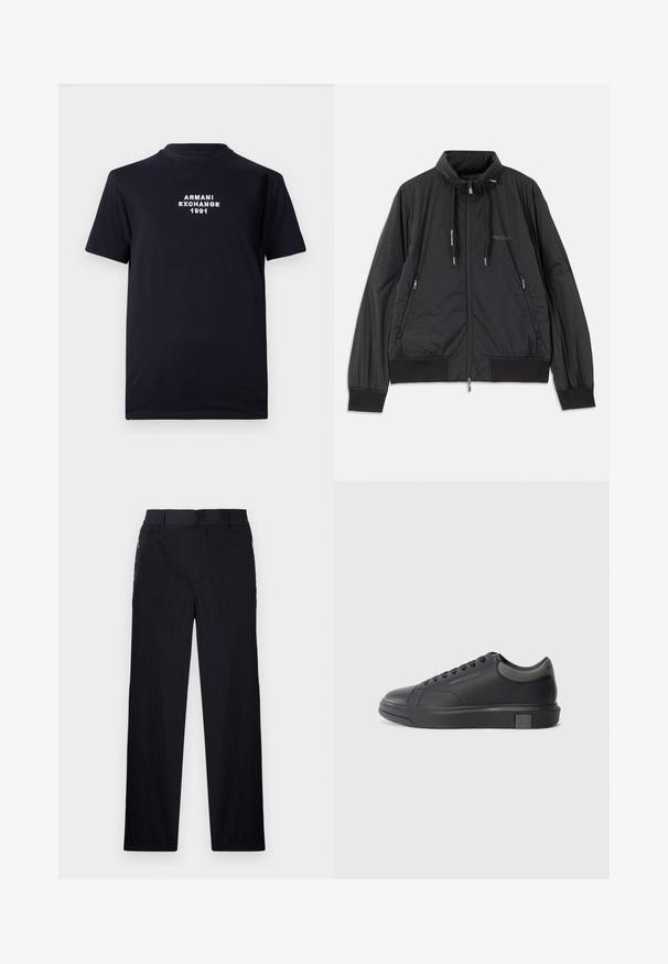 Črn lahek jakna na zadrgo s stojnicnim ovratnikom, zadrgami na strani, vrvicami, rebrastimi manšeti in logotipom Armani Exchange na prsih.; Črna bombažna majica s krožnim izrezom in kratkimi rokavi. Na sredini je belo vezeno besedilo "ARMANI EXCHANGE 1991".; Črne hlače iz lahke, teksturirane tkanine, ravne noge, elastičen pas in stranski žepki na zadrgo.; Črne usnjene teniske s gladko površino, zaobljenim prstom in temno sivo akcenti. Imajo sistem vezanja in teksturiran gumijast podplat.