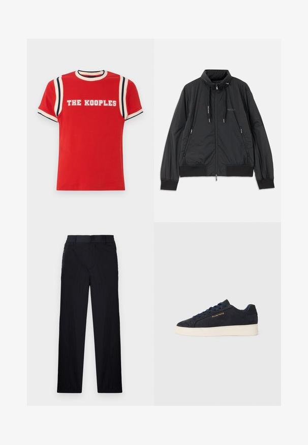 Crna lagana jakna na zip s visokom kragnom, bočnim dzepovima na zip, vezicama, rebrastim manžetama i logom Armani Exchange na prsima.; Crvena pamučna majica s rebrastim okruglim izrezom, bijelim i mornarsko plavim prugastim detaljima na ramenima, te natpisom „THE KOOPLES“ ispisanim u debele bijele slova.; Crne hlače od lagane, teksturirane tkanine, ravnog kroja, s elastičnom gumicom u struku i bočnim džepovima sa zatvaračem.; Navy plave sačmene niske tenisice s bijelim potplatom, mornarskim vezicama i "Filling Pieces" logotipom u zlatnoj boji sa strane.