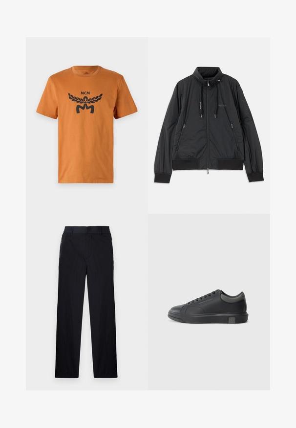Sort letvægts zip-up jakke med standkrave, lynlåslommer på siden, snore, ribbede manchetter og Armani Exchange-logo på brystet.; Orange bomulds t-shirt med korte ærmer, prydet med et sort grafisk logodesign med laurbærblade og teksten "MCM" trykt på forsiden.; Sorte bukser i let, struktureret stof, med lige ben, elastisk talje og sidelommer med lynlås.; Sorte lædersneakers med en glat finish, rund tå og mørke grå accenter. Har snørebåndsdesign og tekstureret gummisål.