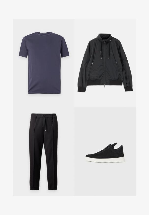Svart lett zip-up jakke med ståkrage, glidelåslommer på sidene, snorer, ribbestrikkede mansjetter og Armani Exchange-logo på brystet.; Marineblå kortermet t-skjorte laget av glatt stoff. Har rund hals og subtile sømdetaljer. Minimalistisk design uten mønstre.; Sorte bukser med liv, snor og elastiske mansjetter. Har plisséer og et glatt, teksturert stoff.; Sorte semskede sneakers med hvit gummisåle, med tonale sømmer og snøring. Glatt tekstur med en moderne, strømlinjeformet form.