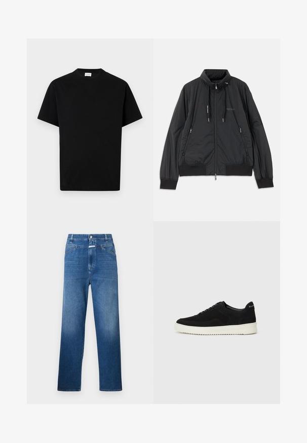 Črn lahek jakna na zadrgo s stojnicnim ovratnikom, zadrgami na strani, vrvicami, rebrastimi manšeti in logotipom Armani Exchange na prsih.; Črna bombažna majica s krožnim ovratnikom, kratkimi rokavi in ravnim krojem. Brez vidnih vzorcev ali kovinskih detajlov.; Modri jeans s ravnim krojem, ki vključujejo gumbasto zapiranje, zanke za pas in subtilno zbledelost na stegnih.; Črni semiš teniški copati z vezalkami in kontrastnim belim gumijastim podplatom. Imajo teksturirane stranske panele in subtilno oznako na peti.