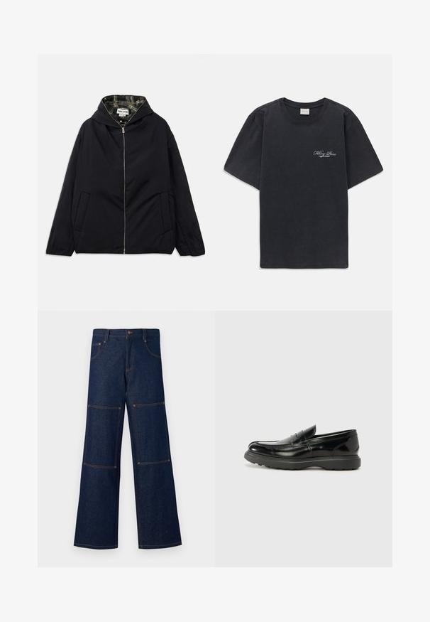 Black lightweight jacket with a hood, front zipper, two side pockets, and a plaid lining on the inside. Features a relaxed fit and smooth texture.; Black short-sleeve crew neck t-shirt with small white "Filling Pieces" text logo on the left chest.; Dark blue denim wide-leg pants with contrasting orange stitching, featuring large patch pockets on each leg and a button closure at the waist.; Black leather loafer with a glossy finish, rounded toe, subtle stitching details, and a thick rubber sole for durability.