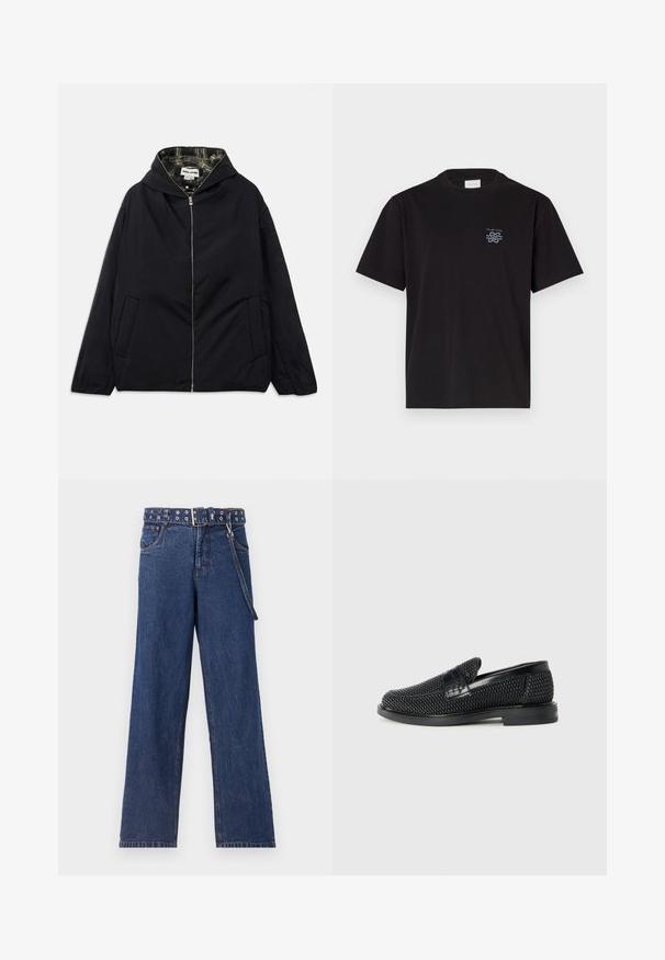 Juodas lengvas džemperis su gobtuvu, priekinis užtrauktukas, dvi šoninės kišenės ir languota pamušalo medžiaga viduje. Turi laisvą prigludimą ir sklandžią tekstūrą.; Juodas medvilninis marškinėliai su apvalia kaklo iškirpte ir trumpomis rankovėmis. Yra mažas mėlynas logotipas ant kairiojo krūtinės. Paprastas, tiesus kirpimas.; Tamsiai mėlyni džinsai su tiesiu kirpimu, su raštuota diržu, turinčiu metalinius akliukus, ir atitinkamu diržo kilpeliu.; Juodas pintas slip-on tipo batelis su lygiu odiniu akcentu viršuje, apvalios nosies dizainas ir žemas guminis padas.