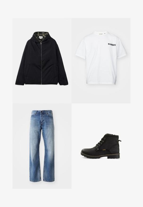 Sort letvægtsjakke med hætte, frontlynlås, to sidelommer og et ternet for indeni. Har en afslappet pasform og glat tekstur.; MISBHV COMMUNITY - T-shirts print - white; Blå denim straight-leg jeans med let fading på lårene og knæene, med fem lommer og en knaplukning.; Sorte ankelstøvler med en glat lædertekstur, rund tå, seks metalhætte, gule detaljer og en robust gummisål.
