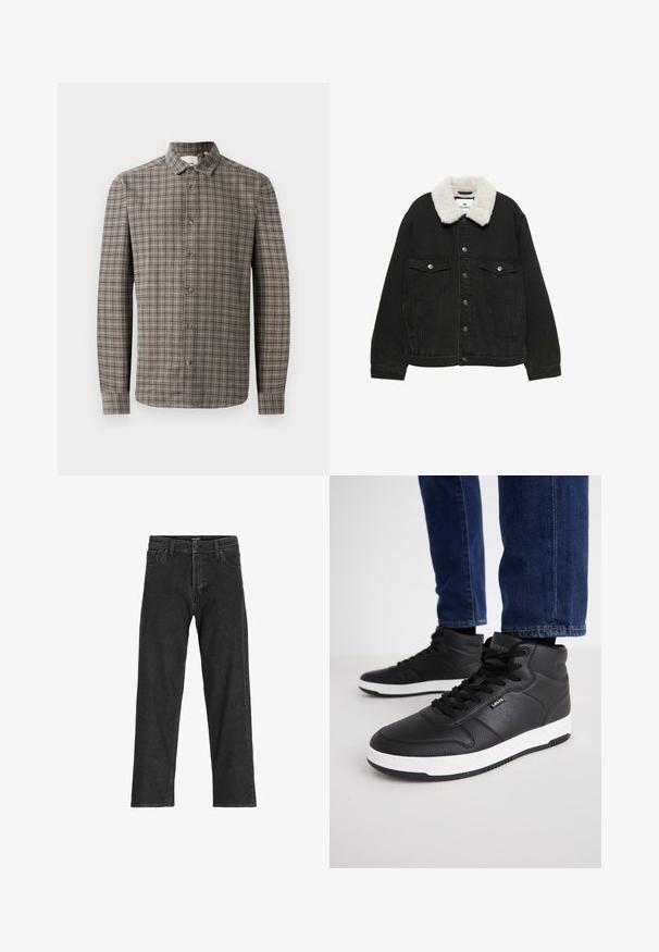 Giacca di jeans nera con colletto in finta pelliccia bianca, chiusura frontale con bottoni e due tasche sul petto. Caratterizzata da una vestibilità rilassata e da un tessuto testurizzato.; Camicia a maniche lunghe con bottoni in un motivo a quadri marrone e grigio, caratterizzata da un colletto classico e chiusure a bottoni lungo la parte anteriore.; Jeans in denim nero con un design a gamba dritta, dotati di zip, passanti per cintura e sei tasche, realizzati in un resistente tessuto misto cotone.; Sneaker alte nere in pelle testurizzata, con lacci neri, suola in gomma bianca e un piccolo logo sul lato.