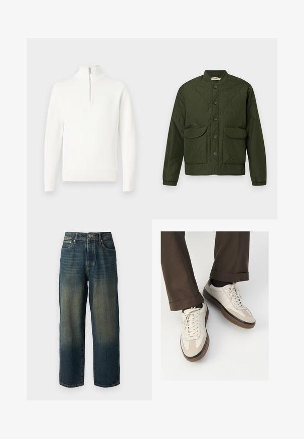 Grønn quiltet jakke med knappestolpe, to store klafflommer, ribbestrikkede mansjetter og rund krage. Teksturert mønster over hele jakken.; Hvit ribbestrikket genser med lange ermer og halvglidelås krave, vist flatt på en lys bakgrunn.; Blå denimjeans med rett snitt, med et falmet design som har lysere nyanser mot kanten, fem lommer og knappelukking.; Beige sneakers med teksturert semsket front, glatte skinnsider og en brun gummisåle. Snører og lys syddetalj inkludert.