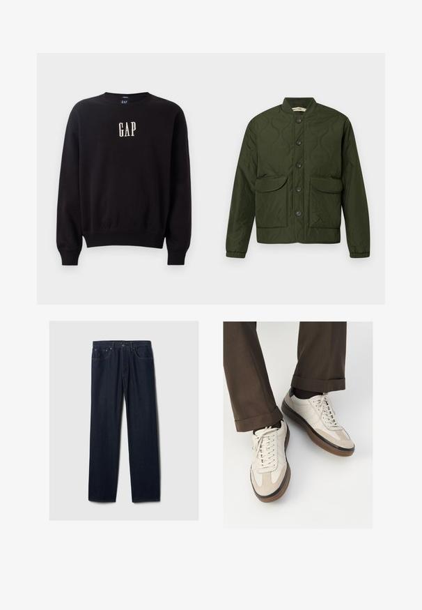 Casaco acolchoado verde com fecho de botões na frente, dois grandes bolsos com aba, punhos canelados e colarinho arredondado. Padrão texturizado em toda a peça.; Sweatshirt preto feito de tecido macio, com decote redondo e punhos canelados, com "GAP" bordado em branco no peito.; Calças de ganga de perna reta em azul-escuro com design de cinco bolsos, fecho de botão e costura visível sobre um fundo claro e liso.; Tênis bege com frente em camurça texturizada, lados em couro liso e sola em borracha marrom. Inclui cadarços e detalhes de costura clara.