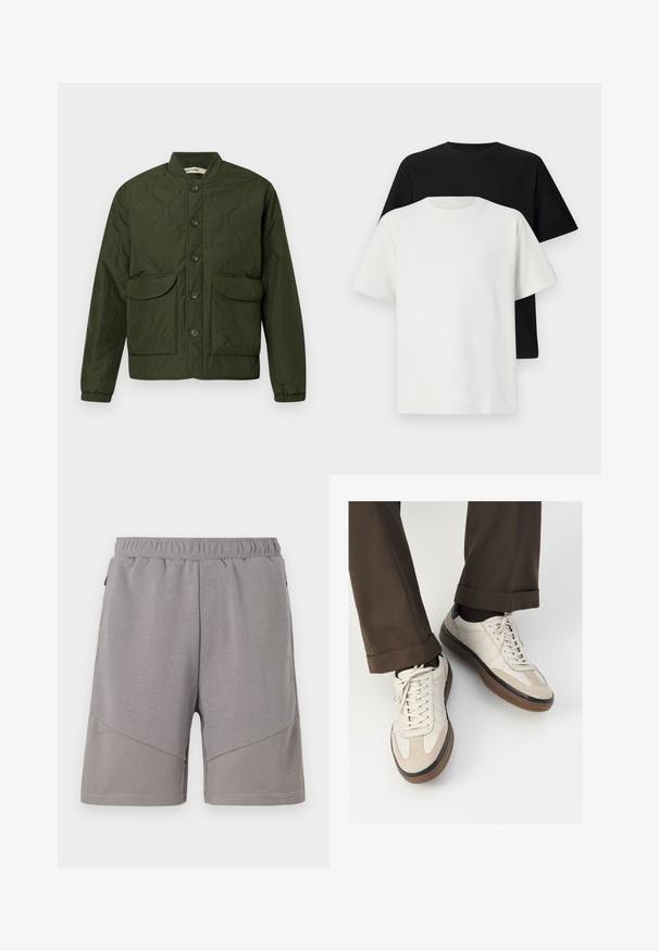 Grøn quiltet jakke med knaplukning, to store klaplommer, ribbede manchetter og en rund krave. Tekstureret mønster over det hele.; Sæt af bomulds T-shirts bestående af en sort top og en hvid top, begge med korte ærmer, rund halsudskæring og standard pasform. Tekstureret stof.; Grå atletiske shorts med elastisk talje, der har et tekstureret nederste panel og en glat øverste sektion.; Beige sneakers med en struktureret ruskind front, glatte lædersider og en brun gummisål. Snørebånd og let stikning er inkluderet.