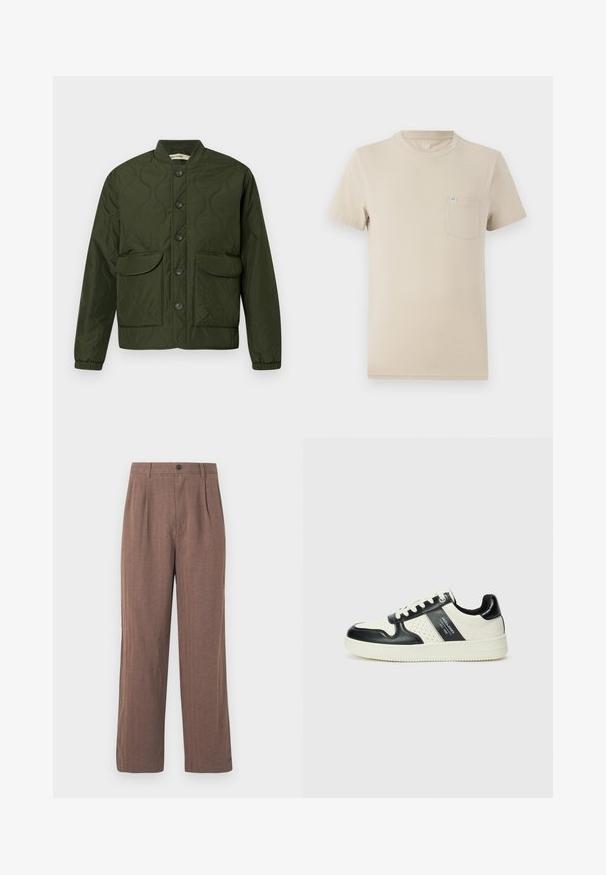 Vihreä tikattu takki napitettavalla edessä, kahdella suurella läpällä varustetulla taskulla, ribbaatut hihansuut ja pyöristetty kaulus. Karmiva kuviointi koko takissa.; Beige lyhythihainen T-paita, joka on valmistettu puuvillasta. T-paidassa on pyöreä kaula-aukko ja vasemmalla rinnalla tasku, jossa on pieni logo-teksti. Sujuva pinta, rento muotoilu.; Ruske, široke hlače od teksturiranog materijala, s naglaskom na preklopima i dugmetom za zatvaranje u struku. Prilagođen dizajn s čistim linijama.; Nahkakengät musta-kerma värimaailmassa, joissa on rei'itetyt yksityiskohdat, pehmustettu nilkkaosa ja teksturoitu pohja.